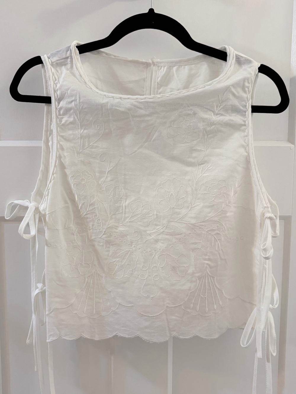 White Embroidered Tie-Side Sleeveless Top